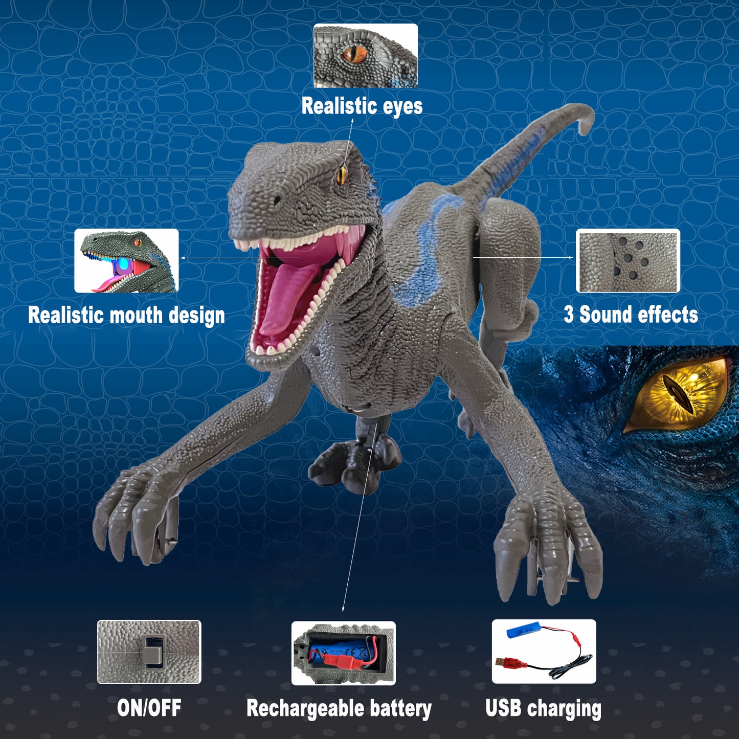 Remote Control Dinosaur Toys Velociraptor Jurassic Dino Blue