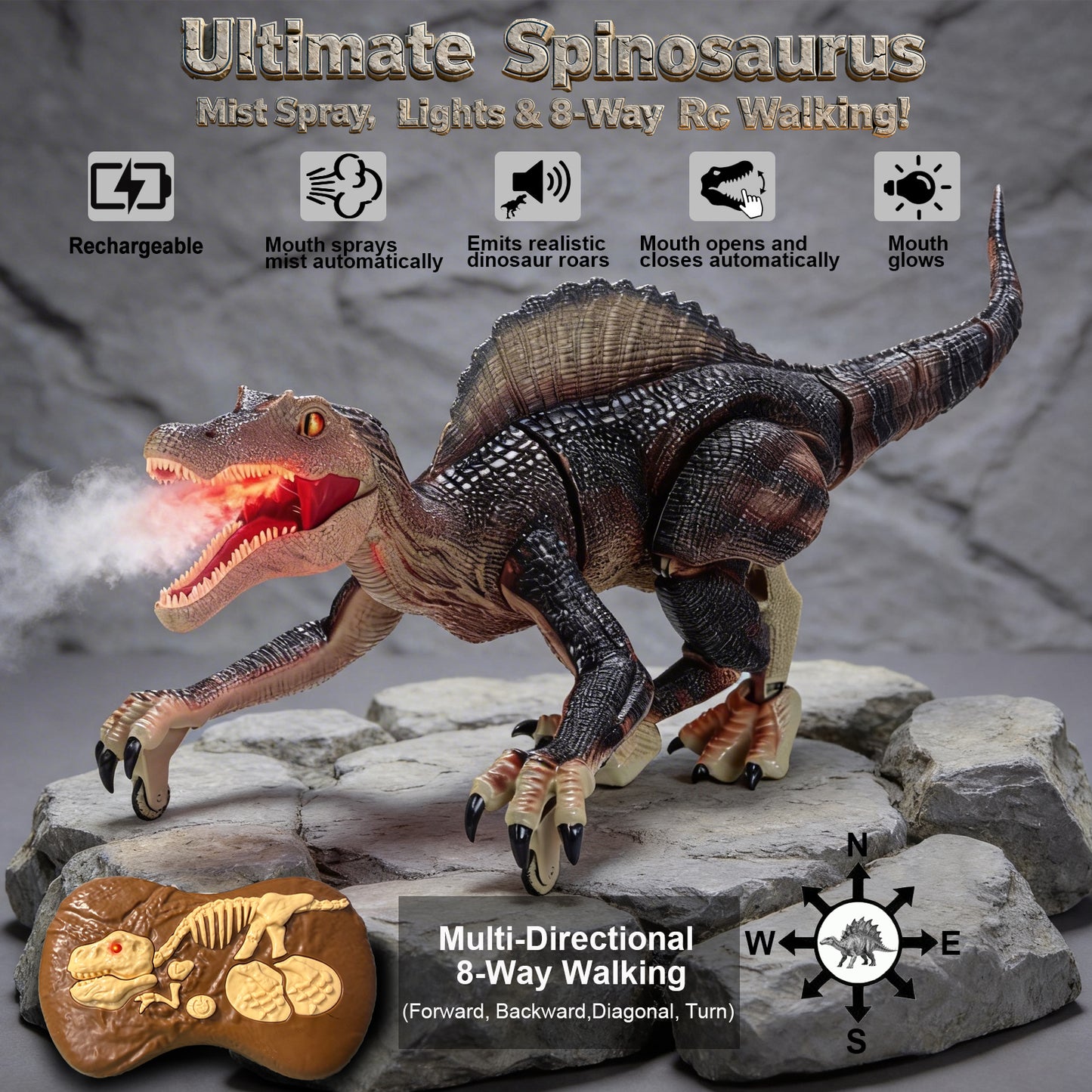 Remote Control Dinosaur Toys for Boys Electronic RC Spray Raptor Toy Walking Roaring Jurassic Spinosaurus Realistic 18.1" Dino Rechargeable Birthday Gift for Kids