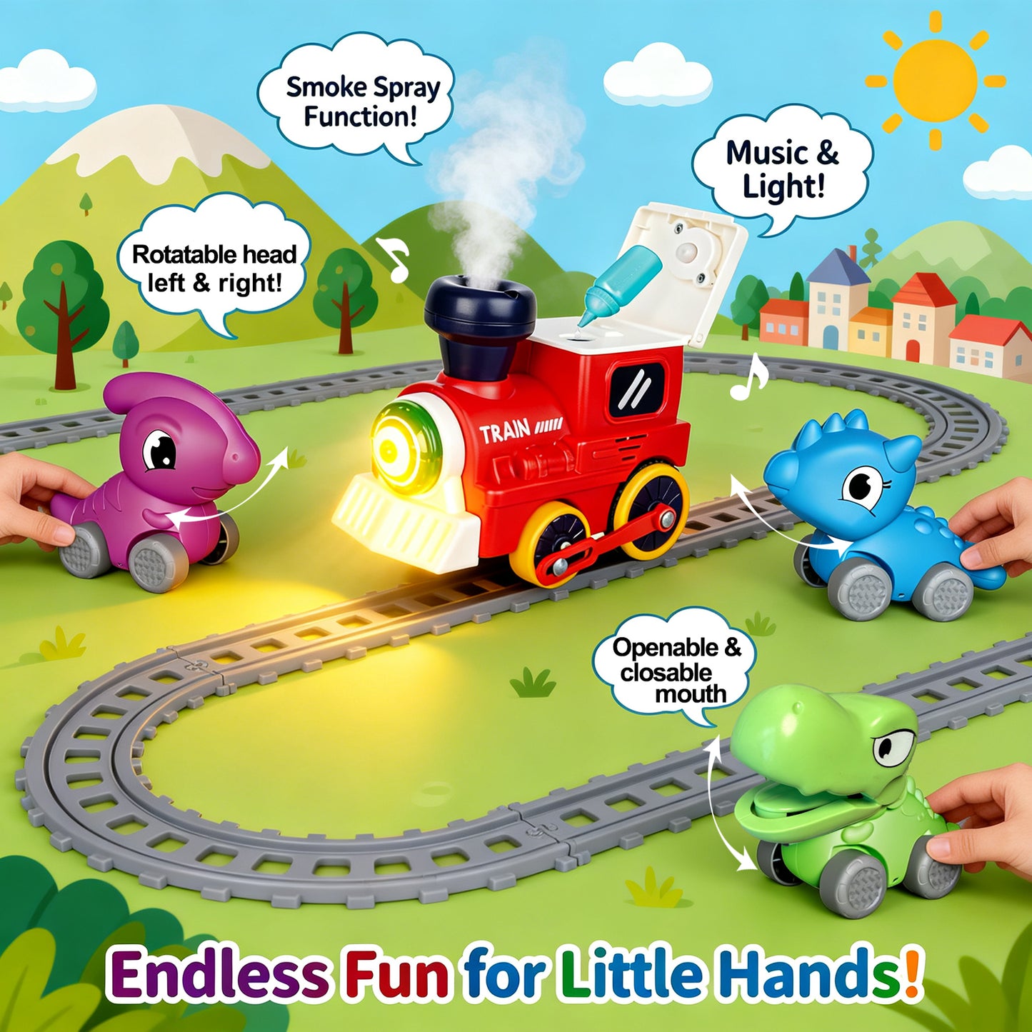 Train Set for Toddlers w/Steam Music & Lights - Electric Train Toys for Kids w/Tracks Including 3 Dinosaur Cars and 3 Trailers Christmase Birthday Gifts for Boys Girls 3 4 5 6+ Years Old