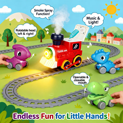 Train Set for Toddlers w/Steam Music & Lights - Electric Train Toys for Kids w/Tracks Including 3 Dinosaur Cars and 3 Trailers Christmase Birthday Gifts for Boys Girls 3 4 5 6+ Years Old