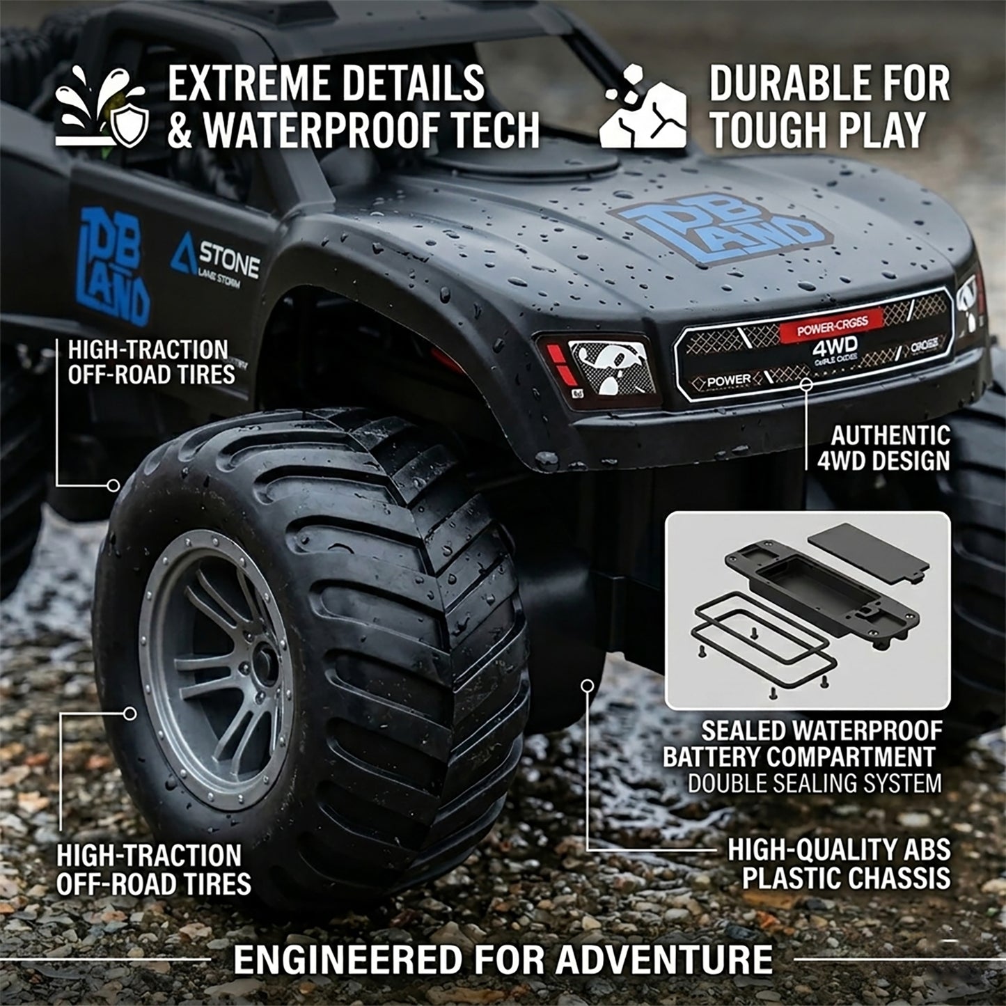 Amphibious Remote Control Car Monster Truck - 4WD Waterproof 1:16 Large All Terrain Off Road Vehicle with 2 Rechargeable Batteries RC Drift Cars Beach Pool Toys Gifts for Boys Kids 8-12