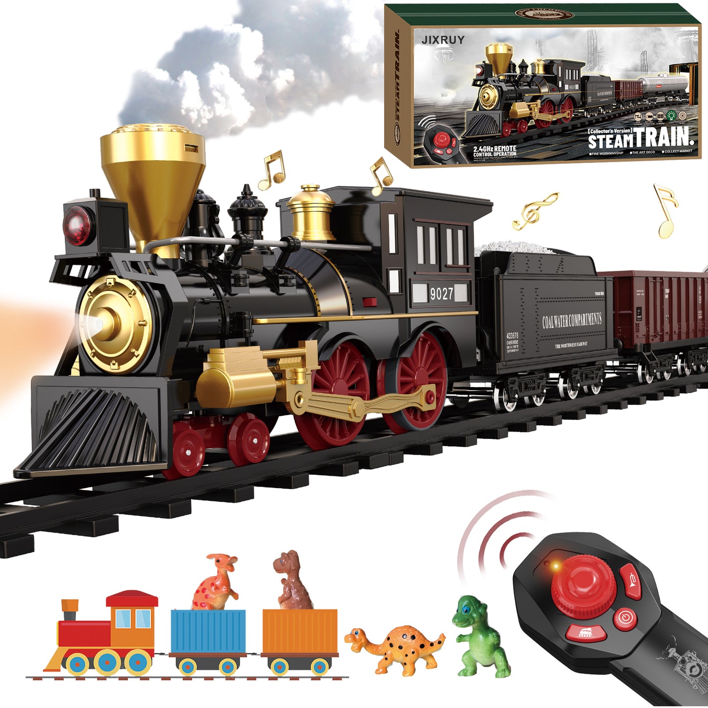 JIXRUY Remote Control Train Set for Kids Electric Steam Engine Locomotive, Cargo Car & Tracks