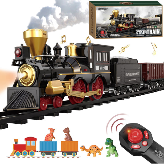 JIXRUY Remote Control Train Set for Kids Electric Steam Engine Locomotive, Cargo Car & Tracks