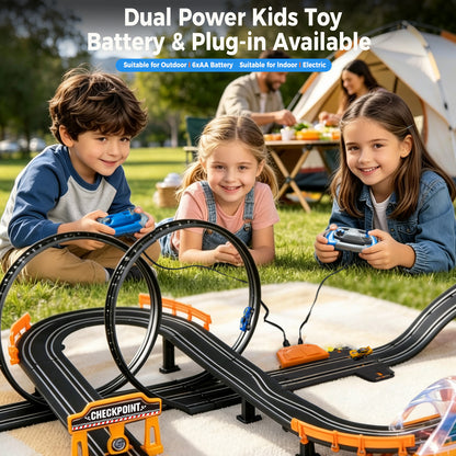 Electric Slot Car Race Track Sets with 4 High-Speed Racing Slot Cars Dual Racing Game with 2 Controllers Circular Overpass Track Featuring Flash Bridge Pendulum Gifts Toys for Boys Kids Age 6 7 8-12