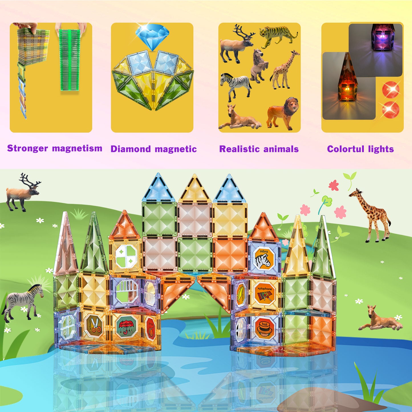 Magnetic Tiles 3D Magnet Building Block Toys with Farm Animal and Lighting