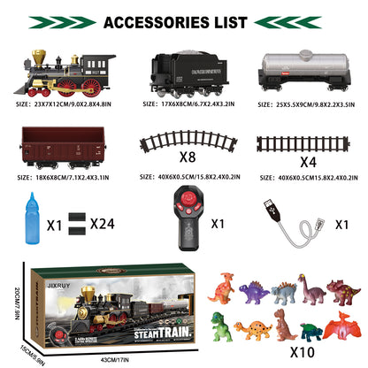 JIXRUY Remote Control Train Set for Kids Electric Steam Engine Locomotive, Cargo Car & Tracks
