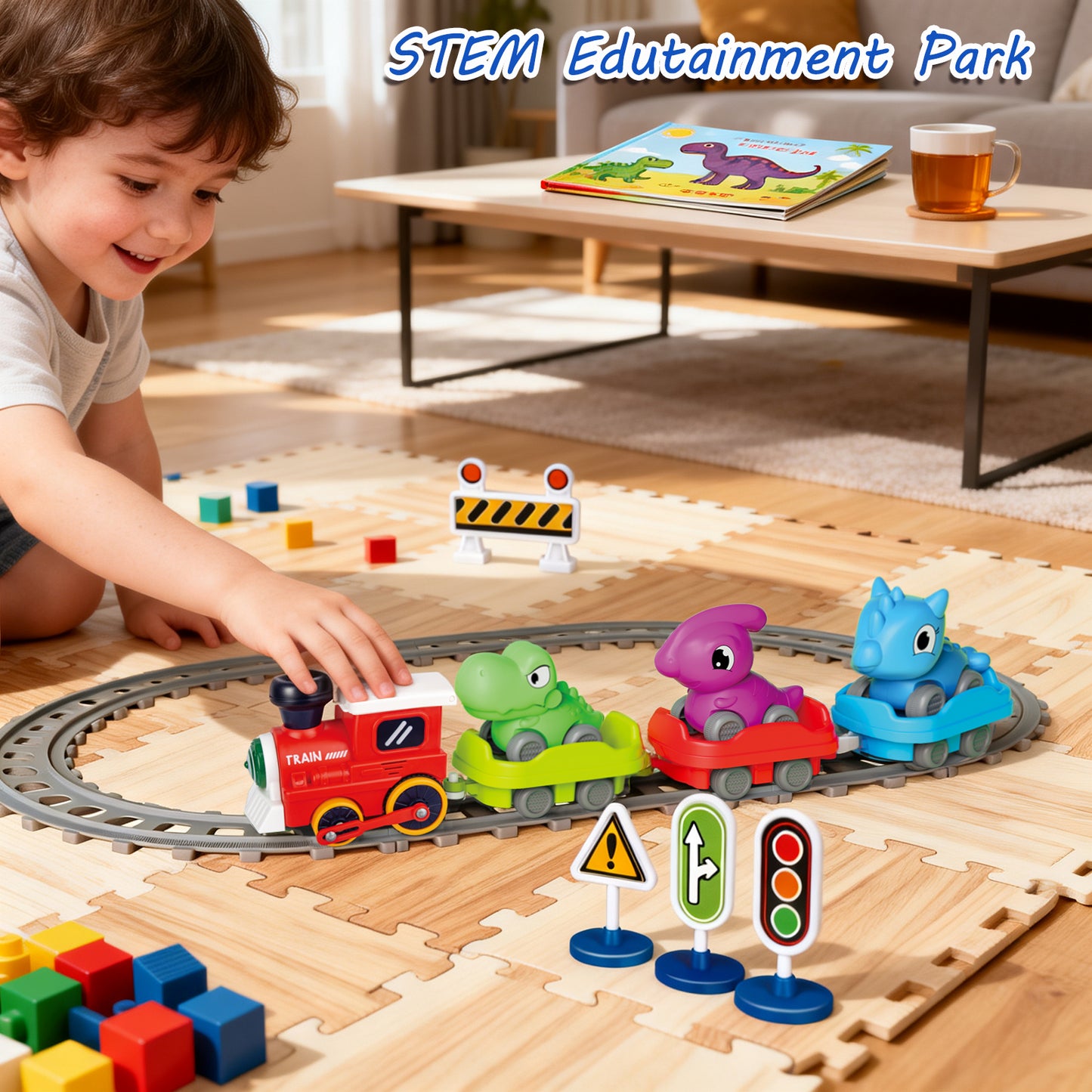 Train Set for Toddlers w/Steam Music & Lights - Electric Train Toys for Kids w/Tracks Including 3 Dinosaur Cars and 3 Trailers Christmase Birthday Gifts for Boys Girls 3 4 5 6+ Years Old