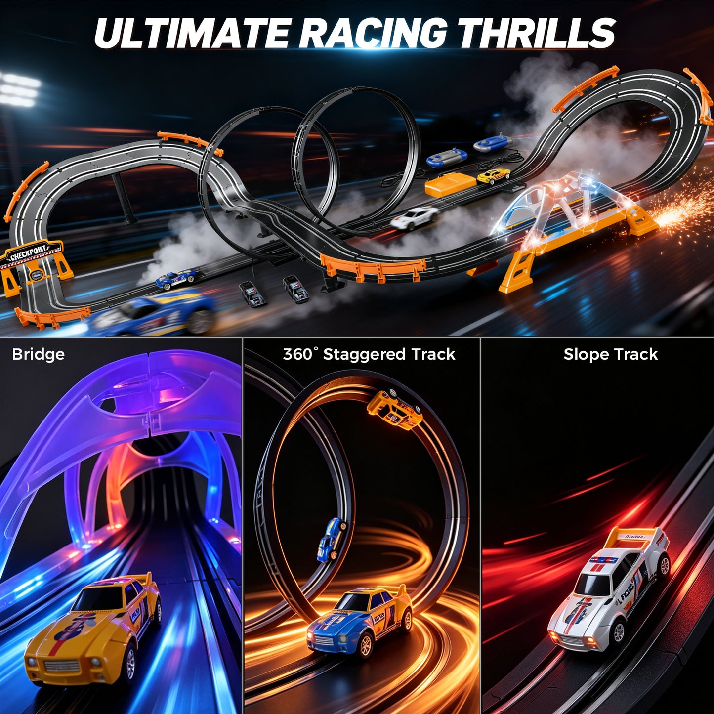 Slot Car Race Track Sets with 4 High-Speed Racing Slot Cars Electric Dual Racing Game with 2 Controllers Circular Overpass Track Featuring Flash Bridge Pendulum Gifts Toys for Boys Kids Age 6 7 8-12