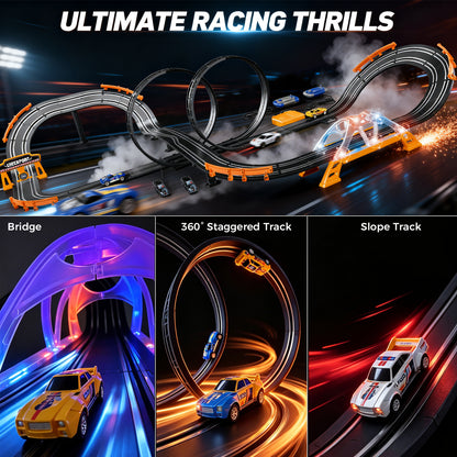 Slot Car Race Track Sets with 4 High-Speed Racing Slot Cars Electric Dual Racing Game with 2 Controllers Circular Overpass Track Featuring Flash Bridge Pendulum Gifts Toys for Boys Kids Age 6 7 8-12