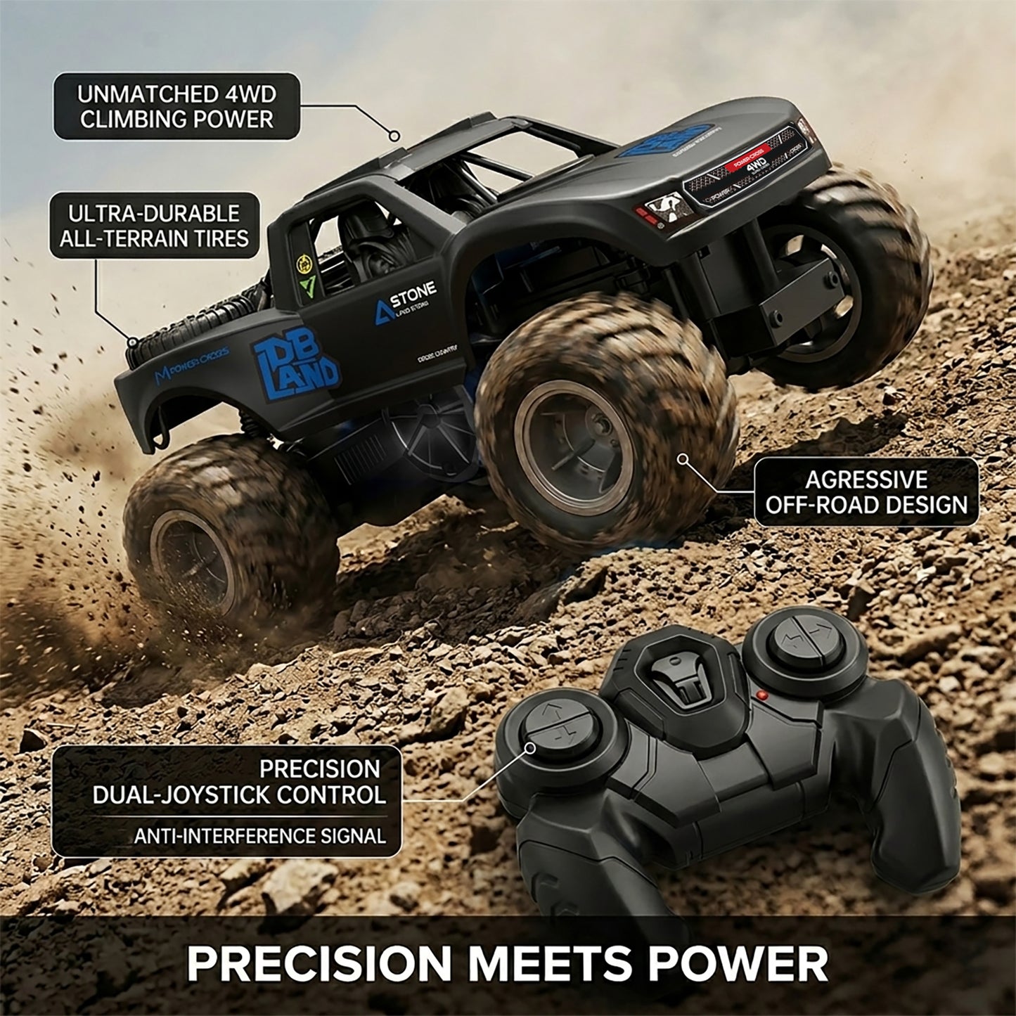 Amphibious Remote Control Car Monster Truck - 4WD Waterproof 1:16 Large All Terrain Off Road Vehicle with 2 Rechargeable Batteries RC Drift Cars Beach Pool Toys Gifts for Boys Kids 8-12
