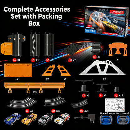 Electric Slot Car Race Track Sets with 4 High-Speed Racing Slot Cars Dual Racing Game with 2 Controllers Circular Overpass Track Featuring Flash Bridge Pendulum Gifts Toys for Boys Kids Age 6 7 8-12