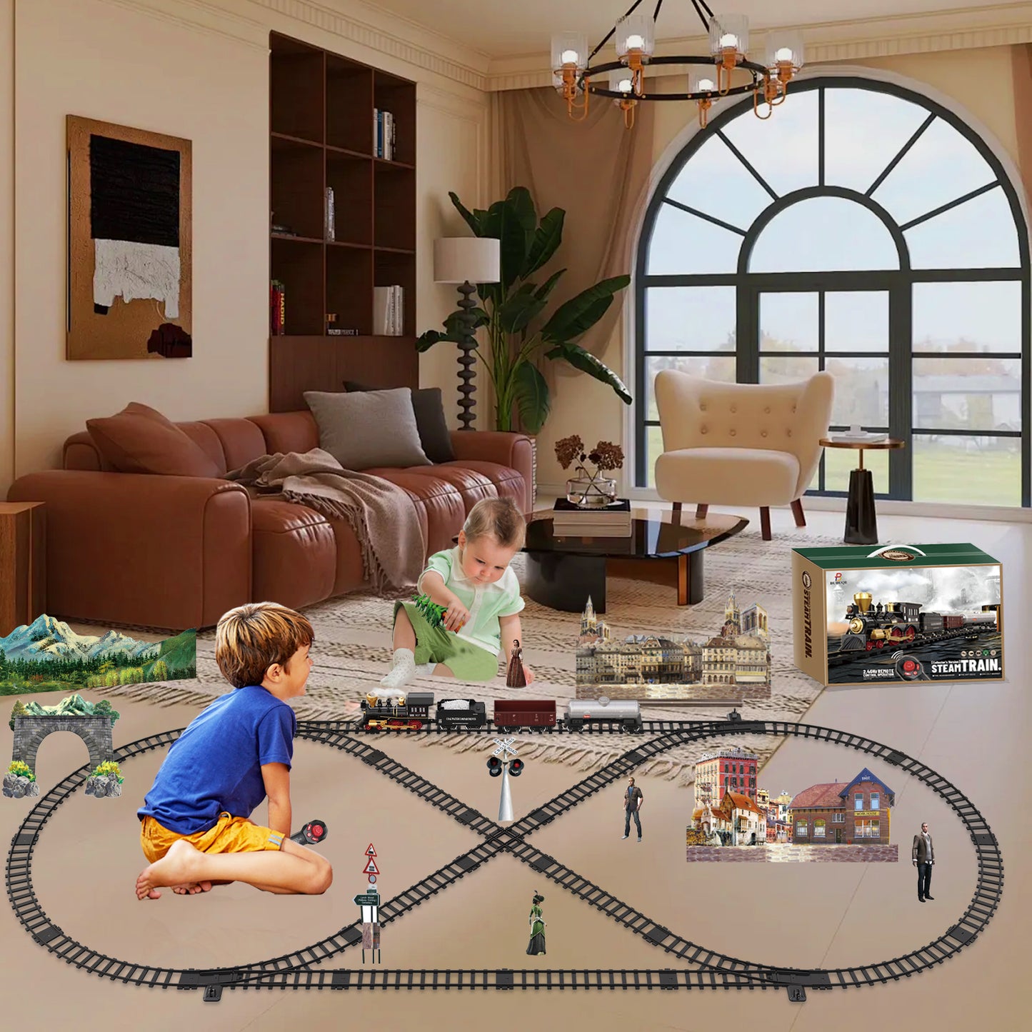 Remote Control Train Toys w/Steam Locomotive, Fuel Tank Car & Luxury Tracks