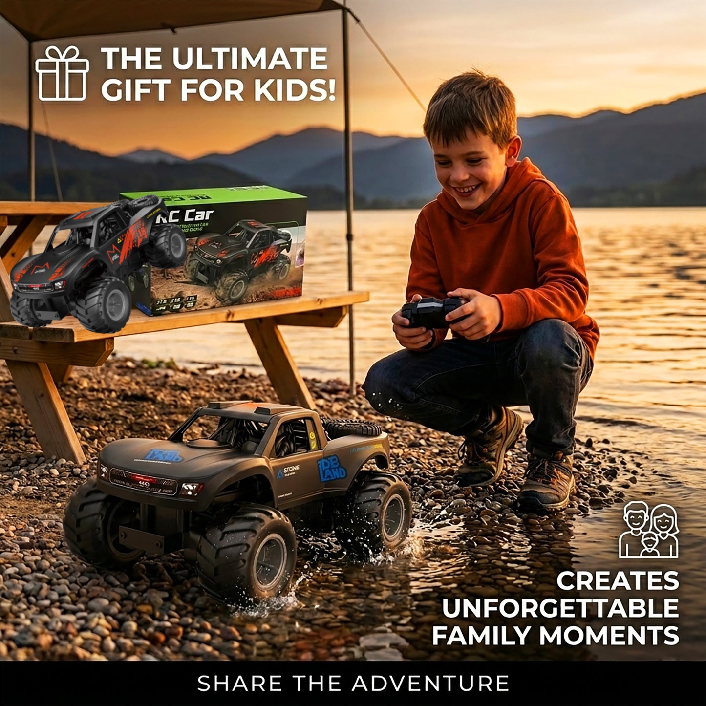 Amphibious Remote Control Car Monster Truck - 4WD Waterproof 1:16 Large All Terrain Off Road Vehicle with 2 Rechargeable Batteries RC Drift Cars Beach Pool Toys Gifts for Boys Kids 8-12