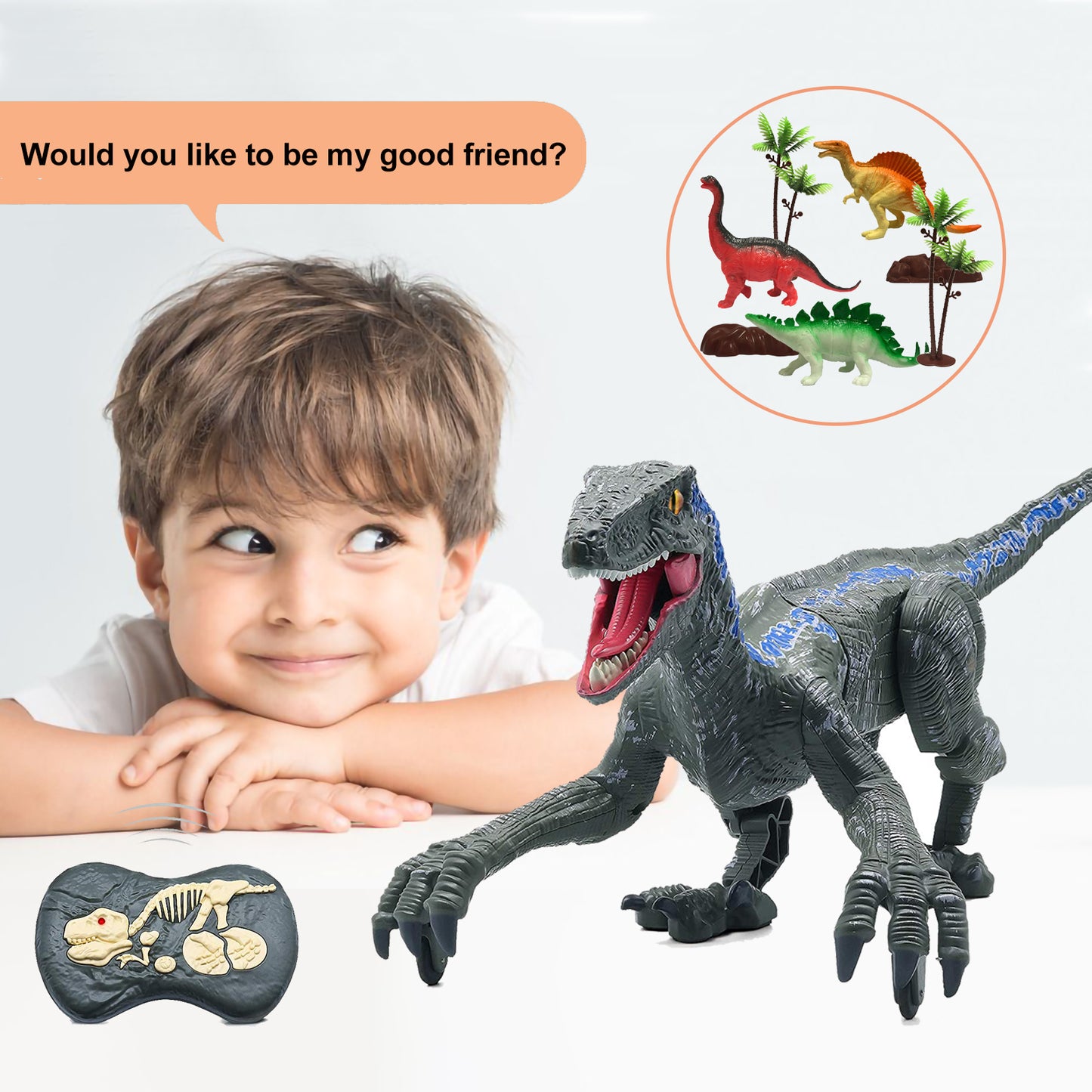 Remote Control Dinosaur Toys Velociraptor Jurassic Dino Rechargeable Raptor Blue