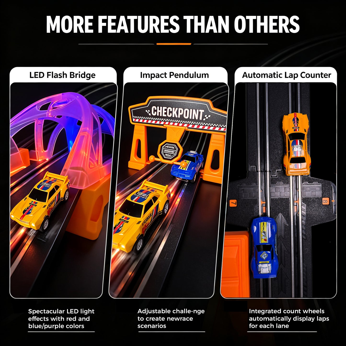 Electric Slot Car Race Track Sets with 4 High-Speed Racing Slot Cars Dual Racing Game with 2 Controllers Circular Overpass Track Featuring Flash Bridge Pendulum Gifts Toys for Boys Kids Age 6 7 8-12