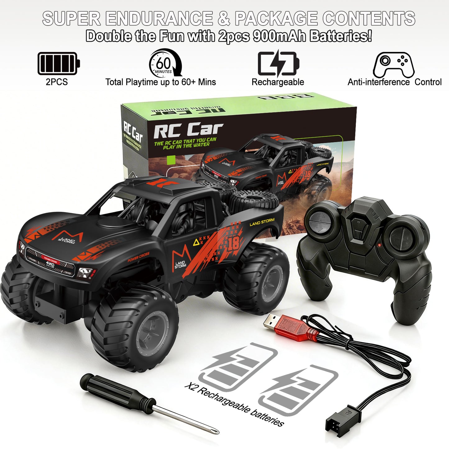Amphibious Remote Control Car Monster Truck - 4WD Waterproof 1:16 Large All Terrain Off Road Vehicle with 2 Rechargeable Batteries RC Drift Cars Beach Pool Toys Gifts for Boys Kids 8-12