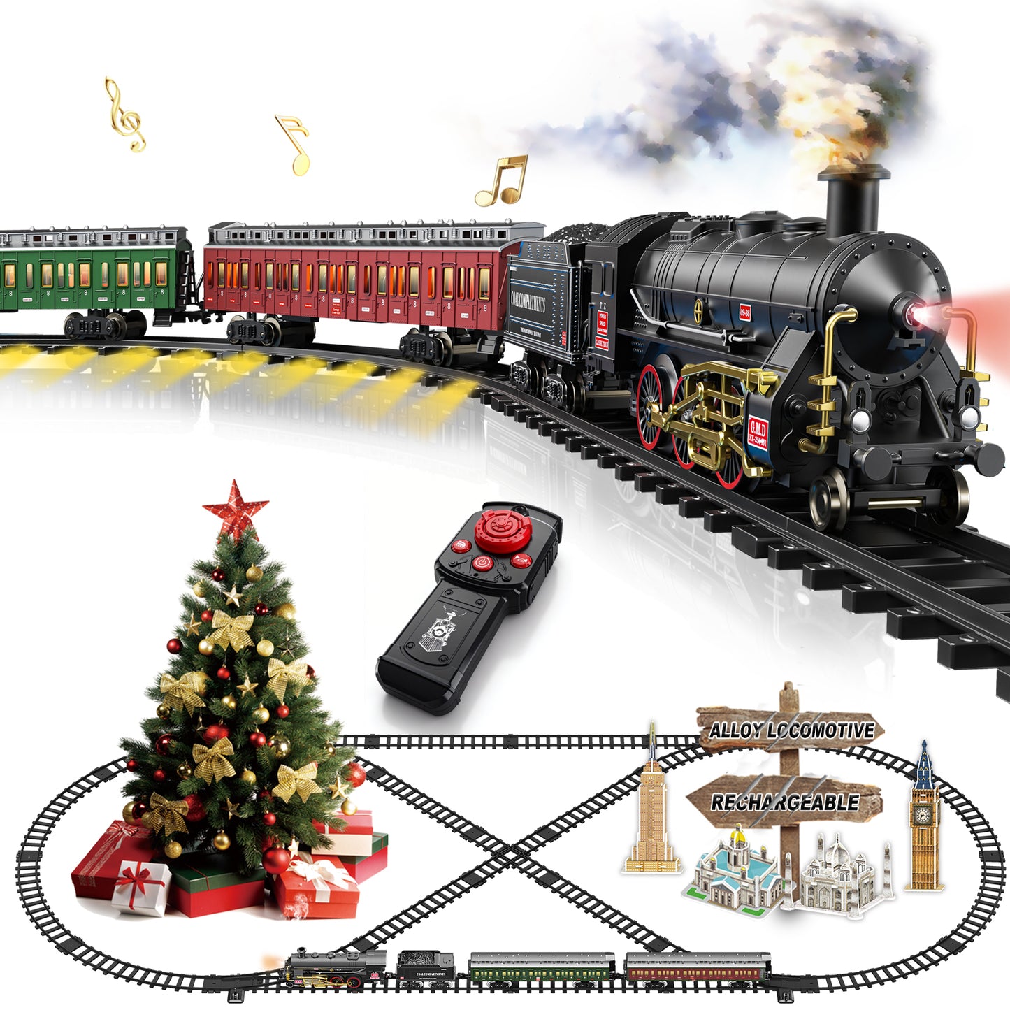 Electric Remote Control Train Set Metal Alloy Steam Locomotive with Glowing Passenger Carriages Smoke, Sound & Light Luxury Tracks Rechargeable Train Christmas Birthday Toy Gift for Boys Kids