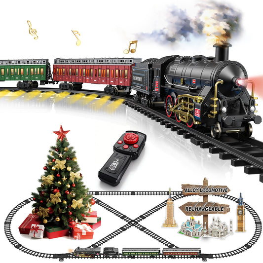 Electric Remote Control Train Set Metal Alloy Steam Locomotive with Glowing Passenger Carriages Smoke, Sound & Light Luxury Tracks Rechargeable Train Christmas Birthday Toy Gift for Boys Kids