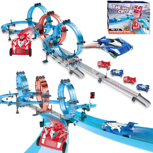 Electric Race Track Set with 4 Super Pull-Back Racing Cars, 360°Loops, Turns and Crossover High-Speed Racing Game Circular Overpass Track Gifts Birthday Toys for Boys Kids Age 6 7 8-12