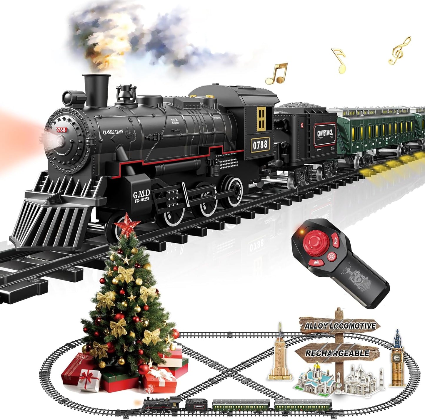 Electric Train Sets Remote Control for Kids Metal Alloy Christmas Train Toys Steam Locomotive, Glowing Passenger Carriages, Luxury Tracks, Light & Sounds Rechargeable Birthday Gifts for Boys Girls