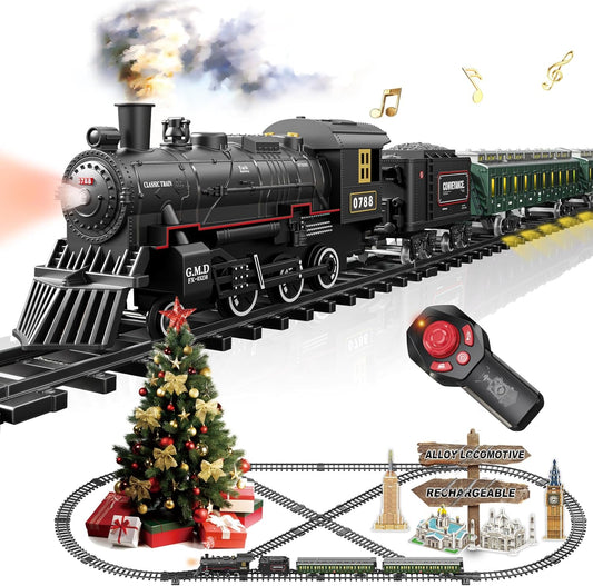 Electric Train Sets Remote Control for Kids Metal Alloy Christmas Train Toys Steam Locomotive, Glowing Passenger Carriages, Luxury Tracks, Light & Sounds Rechargeable Birthday Gifts for Boys Girls