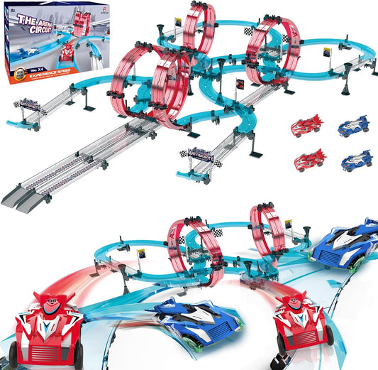 Electric Race Track Set Dual-Player with 4 Super Pull-Back Racing Cars, 360°Loops, Turns and Crossover High-Speed Racing Game Circular Overpass Track Gifts Birthday Toys for Boys Kids Age 6 7 8-12