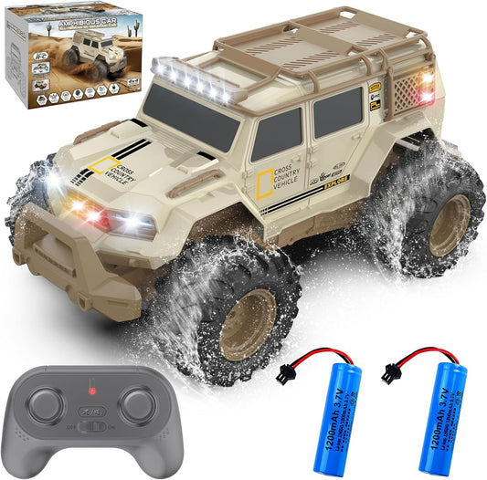 Amphibious Remote Control Car 1:14 with 2 Rechargeable Batteries, 4WD Electric Vehicle for Boys Age 8-12, Offroad Waterproof RC Truck, 2.4GHz All Terrain RC Drift Cars Beach Pool Toys Gifts for Kids