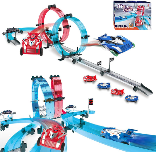 Car Race Track Sets with 4 Pull-Back Cars, 360° Loops, Cross Overpass & Curves, High-Speed Racing Game Track for Boys Kids Birthday Gift Ages 6-12