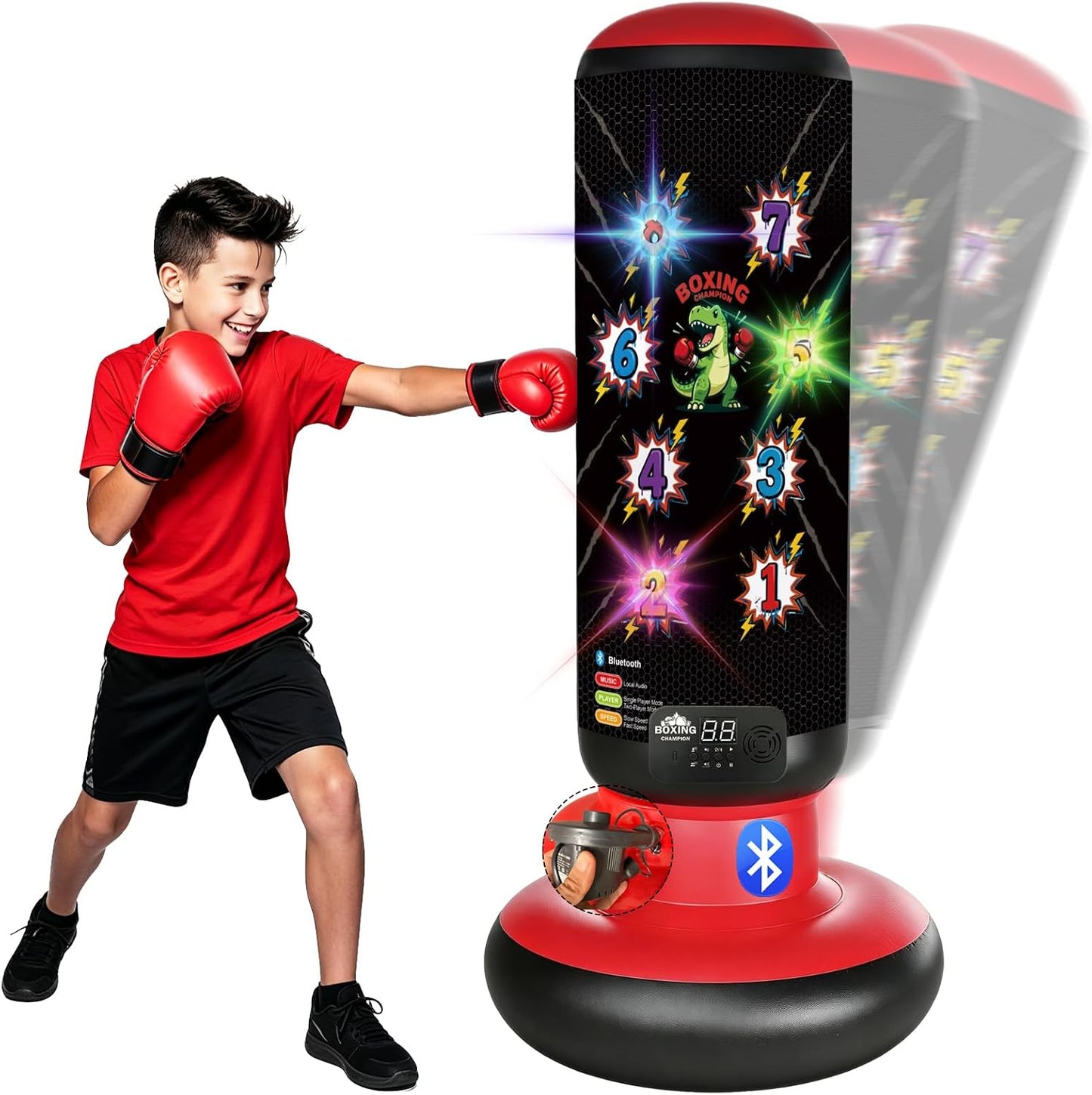 Punching Bag for Kids 63 Inch Stable Inflatable Boxing Bag with Fast Electric Pump Scoring Bluetooth Music LED Lights Gloves Freestanding Toys Birthday Gift for Boys Girls Ages 4-8-12
