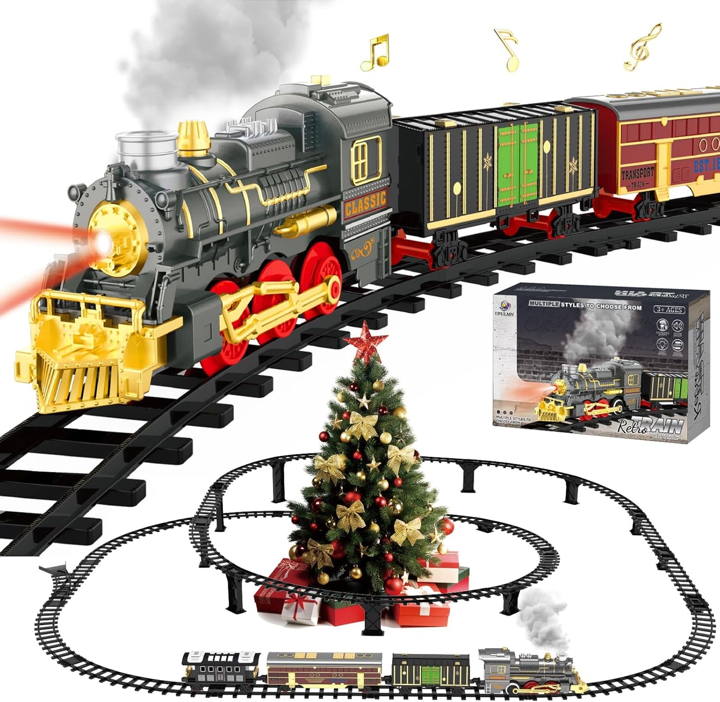 Electric Train Sets for Kids Christmas Train Toys Steam Locomotive Passenger Carriages Deluxe 2-Layer Track with Lights & Sounds(ON/Silent/Off) Rechargeable Birthday Gifts for Boys Girls