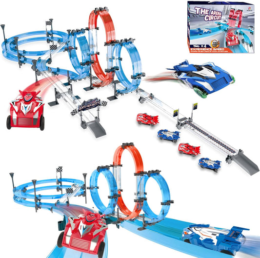 Car Race Track Sets with 4 Pull-Back Cars, 360° Loops, Cross Overpass & Curves, High-Speed Racing Game Track for Boys Kids Birthday Gift Ages 6-12