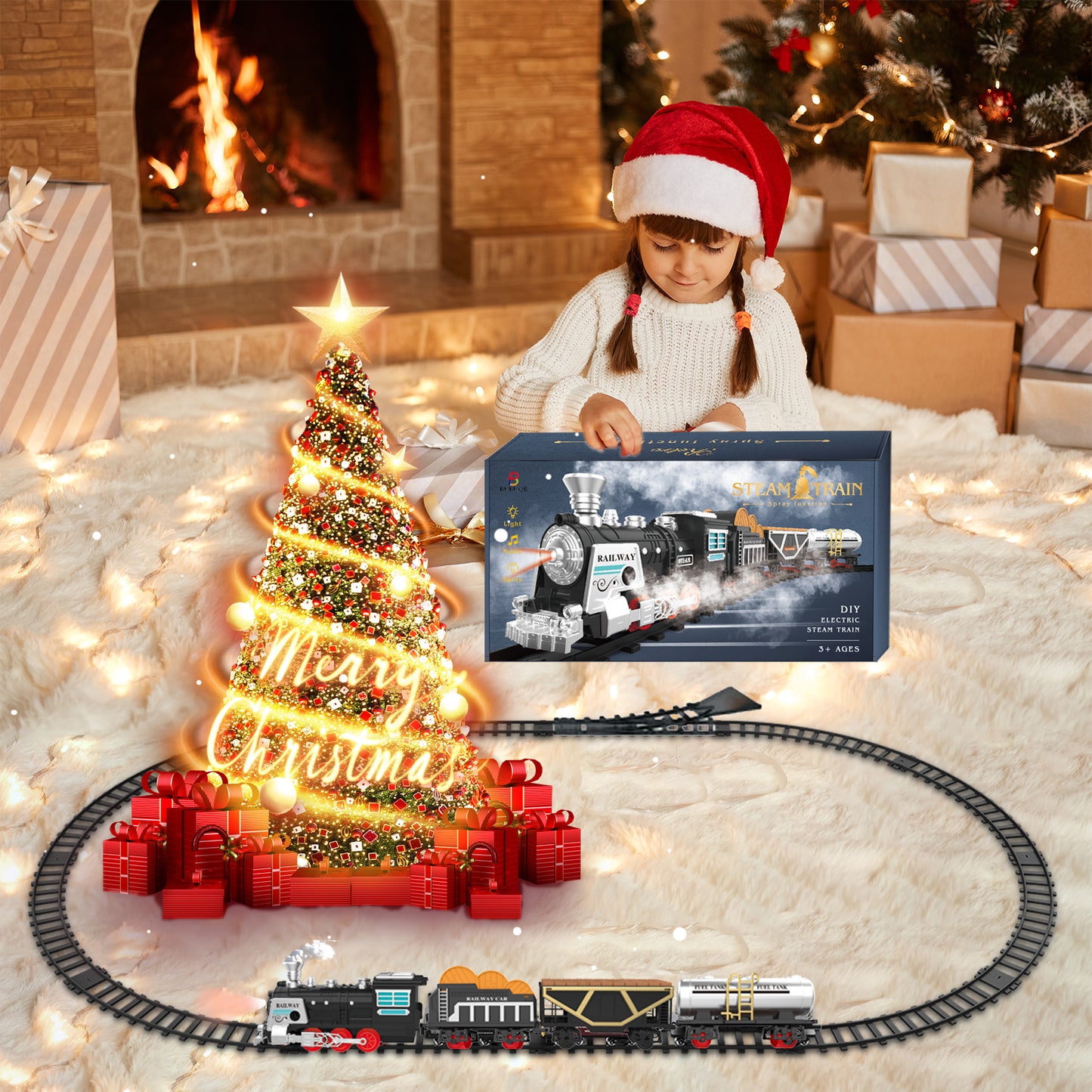 Electric Train Set Train Toys Steam Locomotive, Cargo Cars & Tracks