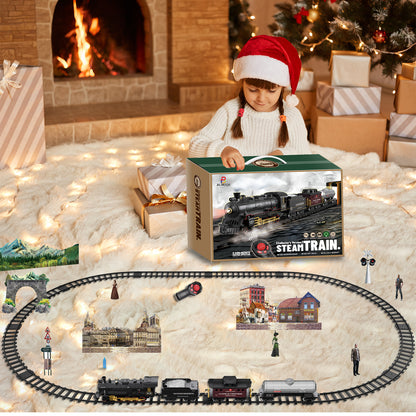 Remote Control Train Set Steam Locomotive, Cargo Car & Tracks