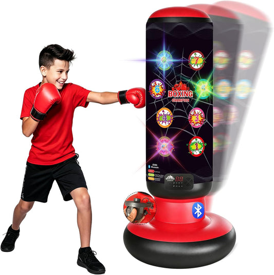 Punching Bag for Kids 63 Inch Stable Inflatable Boxing Bag with Fast Electric Pump Scoring Bluetooth Music LED Lights Gloves Freestanding Toys Birthday Gift for Boys Girls Ages 4-8-12
