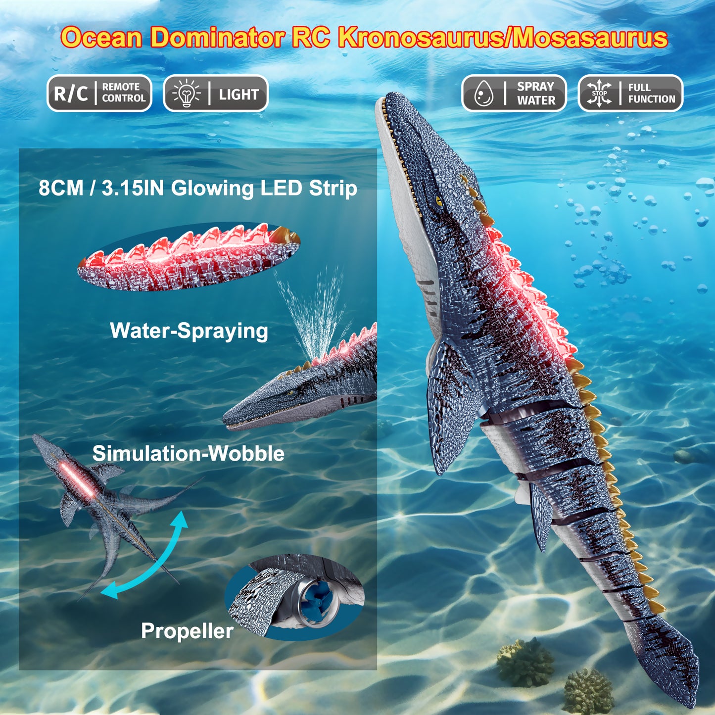 Remote Control Mosasaurus Dinosaur Toys for Boys Kids, Rechargable Swimming Pool High Simulation Toys, Electric RC Sea Monster with Light & Spray Water Birthday Gift for Ages 3 4 5 6 7 8 9
