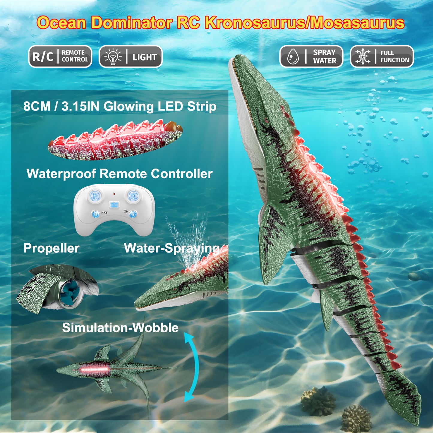 Remote Control Mosasaurus Dinosaur Toys for Boys Kids, Rechargable Swimming Pool High Simulation Toys, Electric RC Sea Monster with Light & Spray Water Birthday Gift for Ages 3 4 5 6 7 8 9