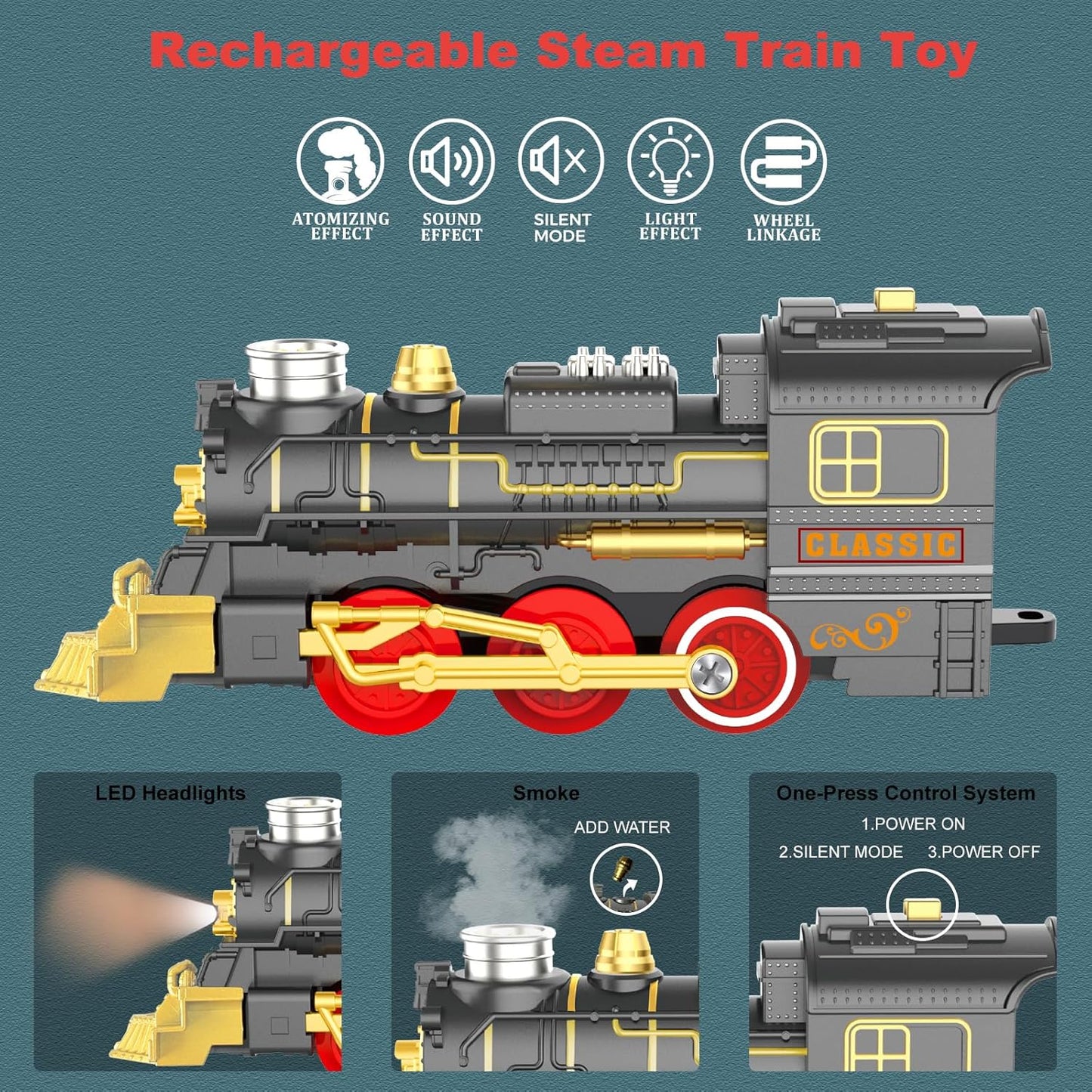 Electric Train Sets for Kids Christmas Train Toys Steam Locomotive Passenger Carriages Deluxe 2-Layer Track with Lights & Sounds(ON/Silent/Off) Rechargeable Birthday Gifts for Boys Girls