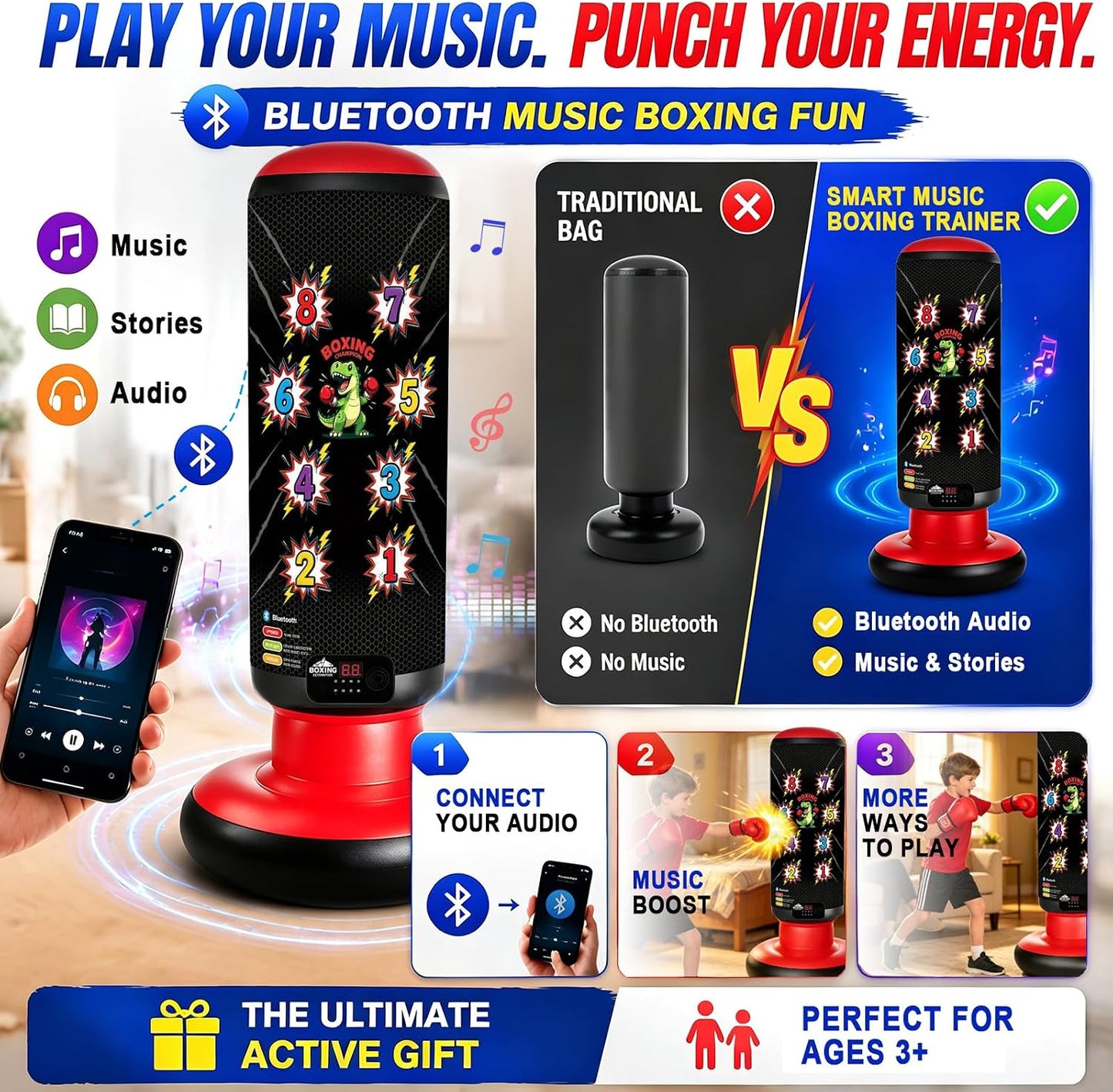 Punching Bag for Kids 63 Inch Stable Inflatable Boxing Bag with Fast Electric Pump Scoring Bluetooth Music LED Lights Gloves Freestanding Toys Birthday Gift for Boys Girls Ages 4-8-12