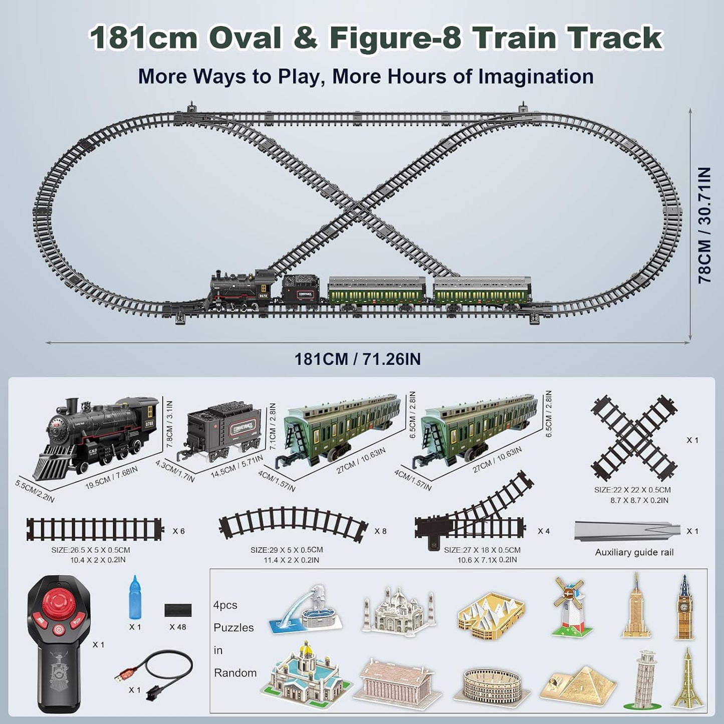 Electric Train Sets Remote Control for Kids Metal Alloy Christmas Train Toys Steam Locomotive, Glowing Passenger Carriages, Luxury Tracks, Light & Sounds Rechargeable Birthday Gifts for Boys Girls