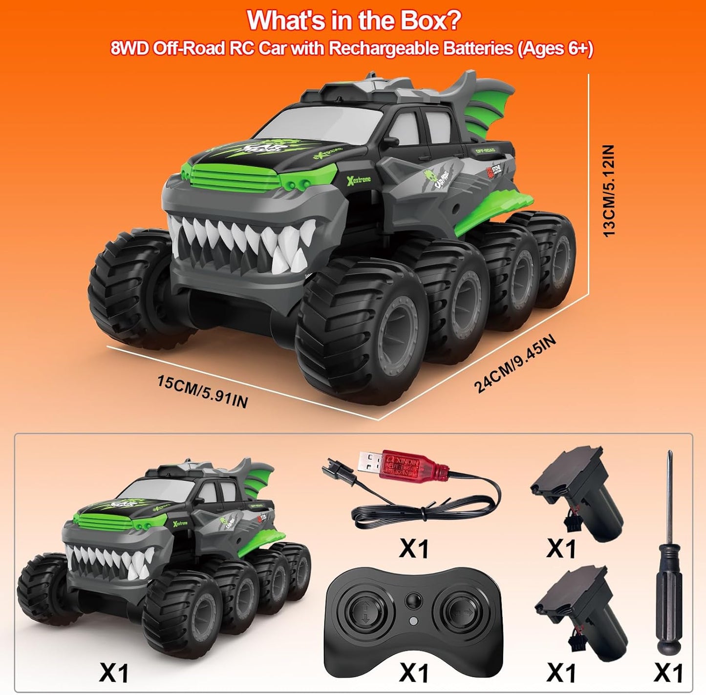 Amphibious Remote Control Car with 2 Rechargeable Batteries, 8WD RC Cars for Boys Age 8-12, Offroad Waterproof RC Monster Truck, 2.4GHz All Terrain RC Drift Cars Beach Pool Toys Gifts for Kids Green