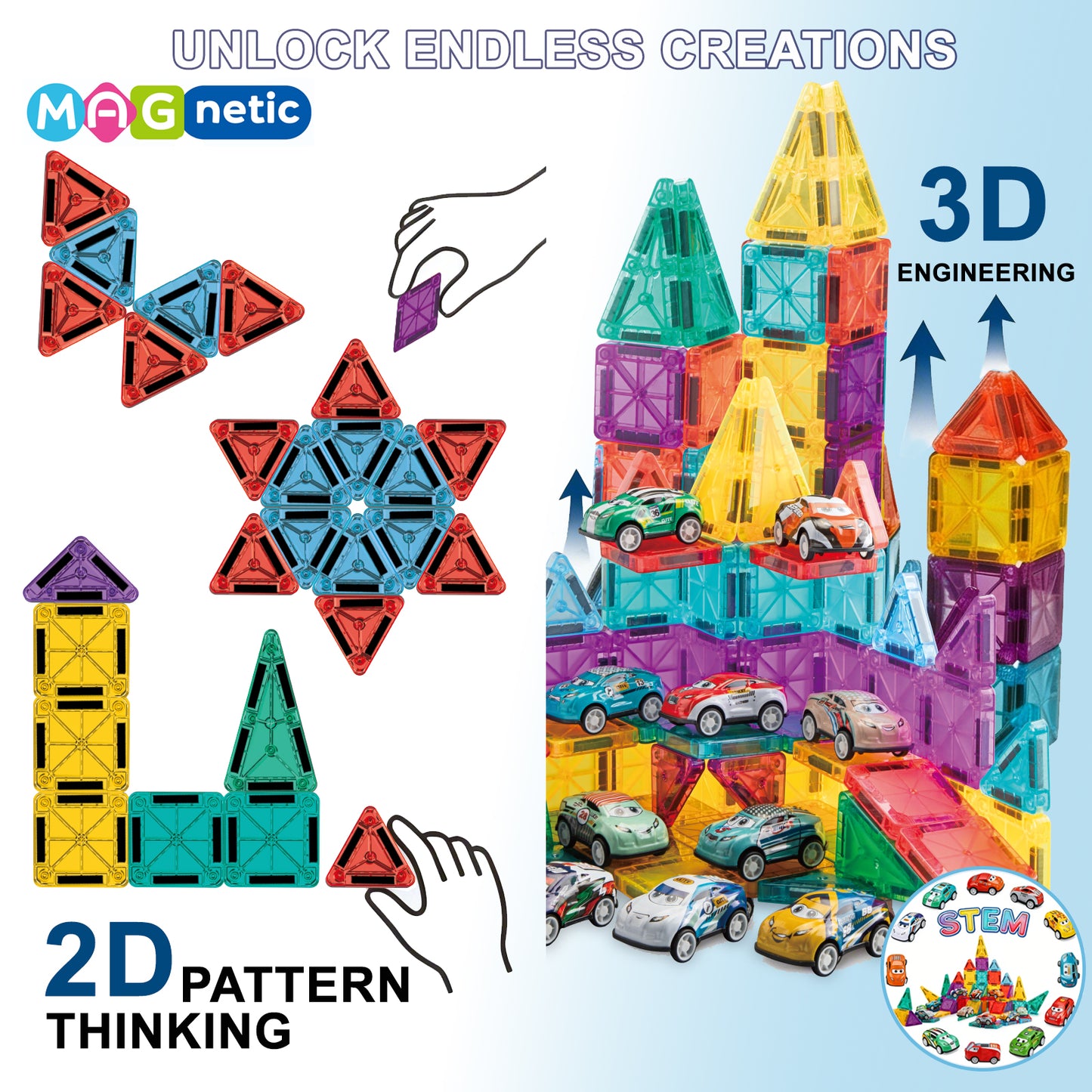 Mini Magnetic Tiles 62 PCS with 8 Metal Cars Travel Magnetic Building Tiles with Storage Box Magnet Toy for Kids STEM Educational Set Construction Toys Boys Girls Toddlers Birthday Gifts 3 4 5 6 7 8