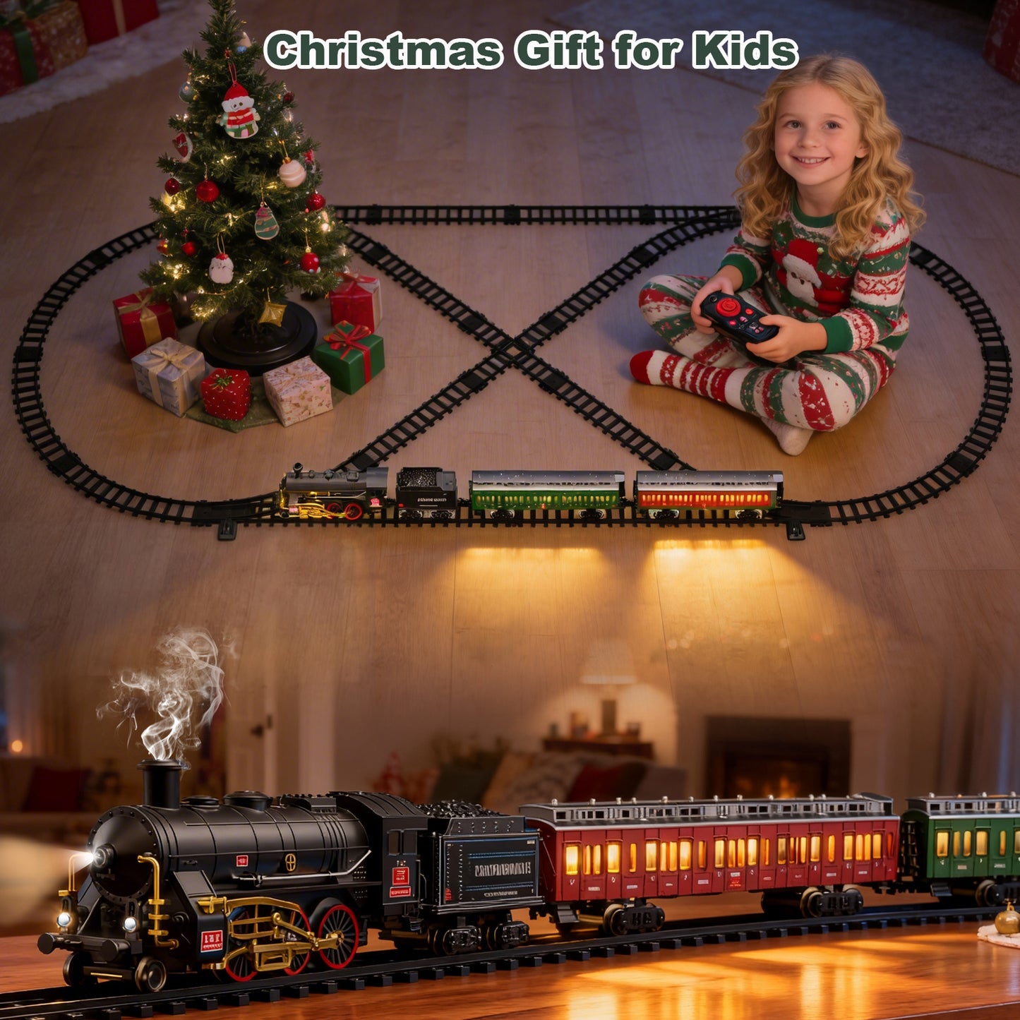 Electric Remote Control Train Set Metal Alloy Steam Locomotive with Glowing Passenger Carriages Smoke, Sound & Light Luxury Tracks Rechargeable Train Christmas Birthday Toy Gift for Boys Kids