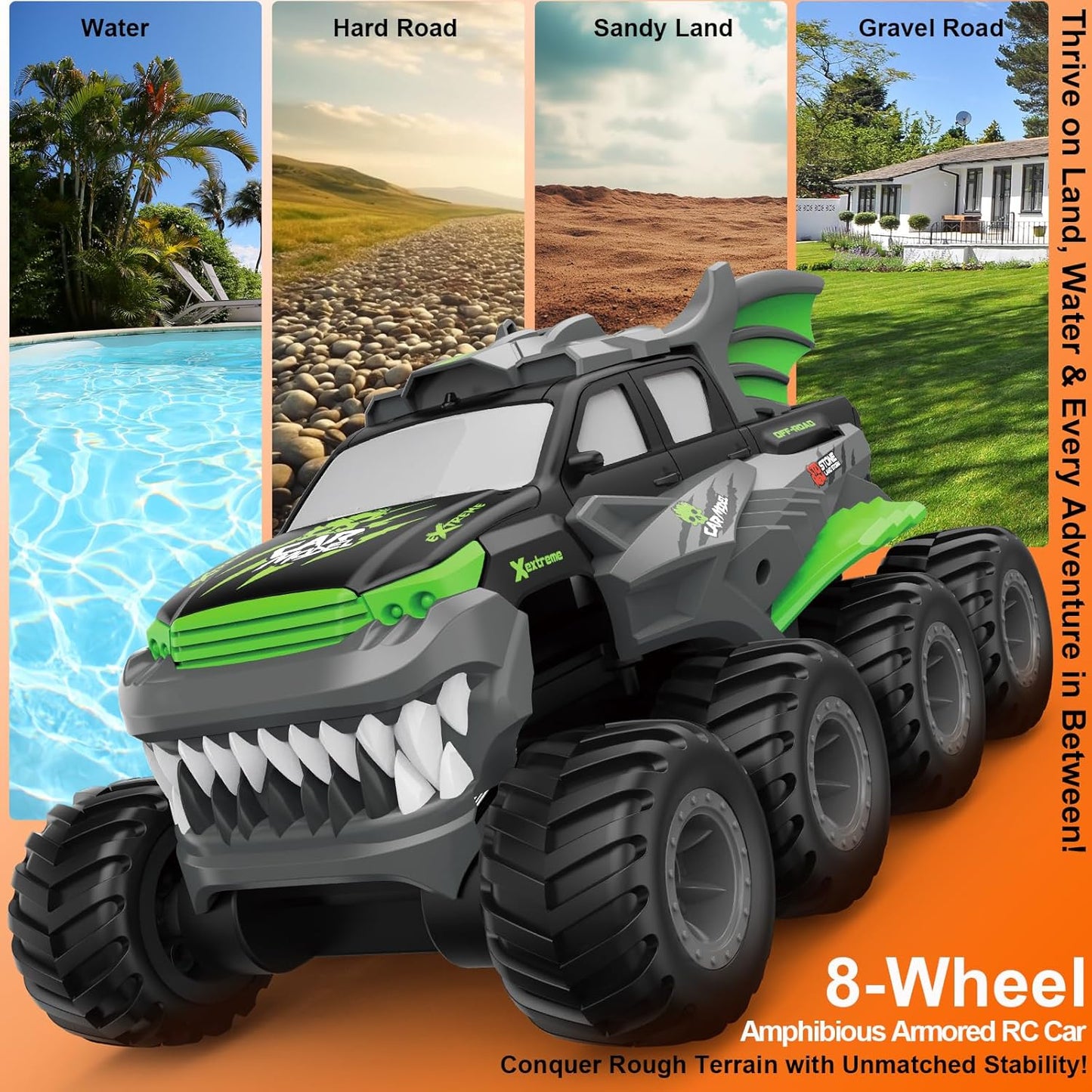 Amphibious Remote Control Car with 2 Rechargeable Batteries, 8WD RC Cars for Boys Age 8-12, Offroad Waterproof RC Monster Truck, 2.4GHz All Terrain RC Drift Cars Beach Pool Toys Gifts for Kids Green