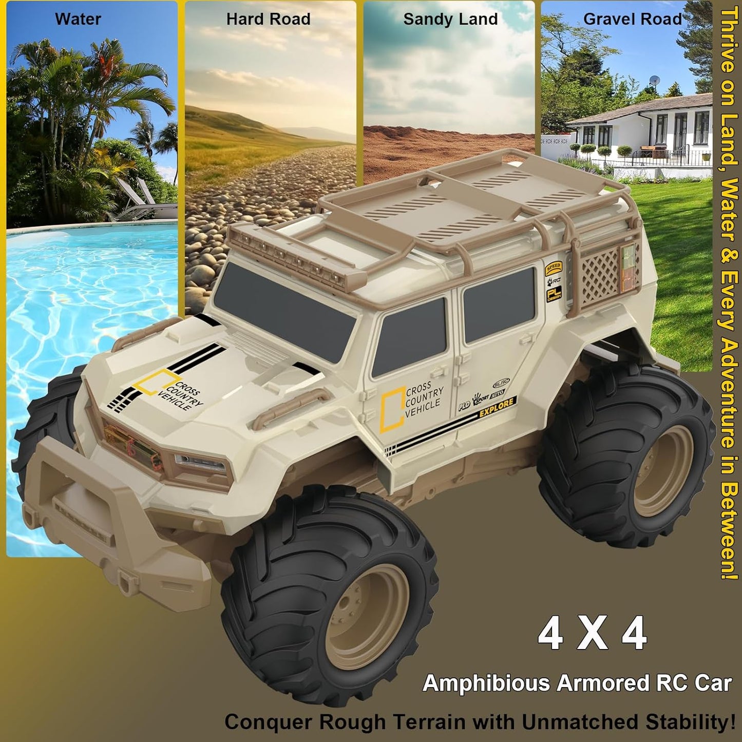 Amphibious Remote Control Car 1:14 with 2 Rechargeable Batteries, 4WD Electric Vehicle for Boys Age 8-12, Offroad Waterproof RC Truck, 2.4GHz All Terrain RC Drift Cars Beach Pool Toys Gifts for Kids