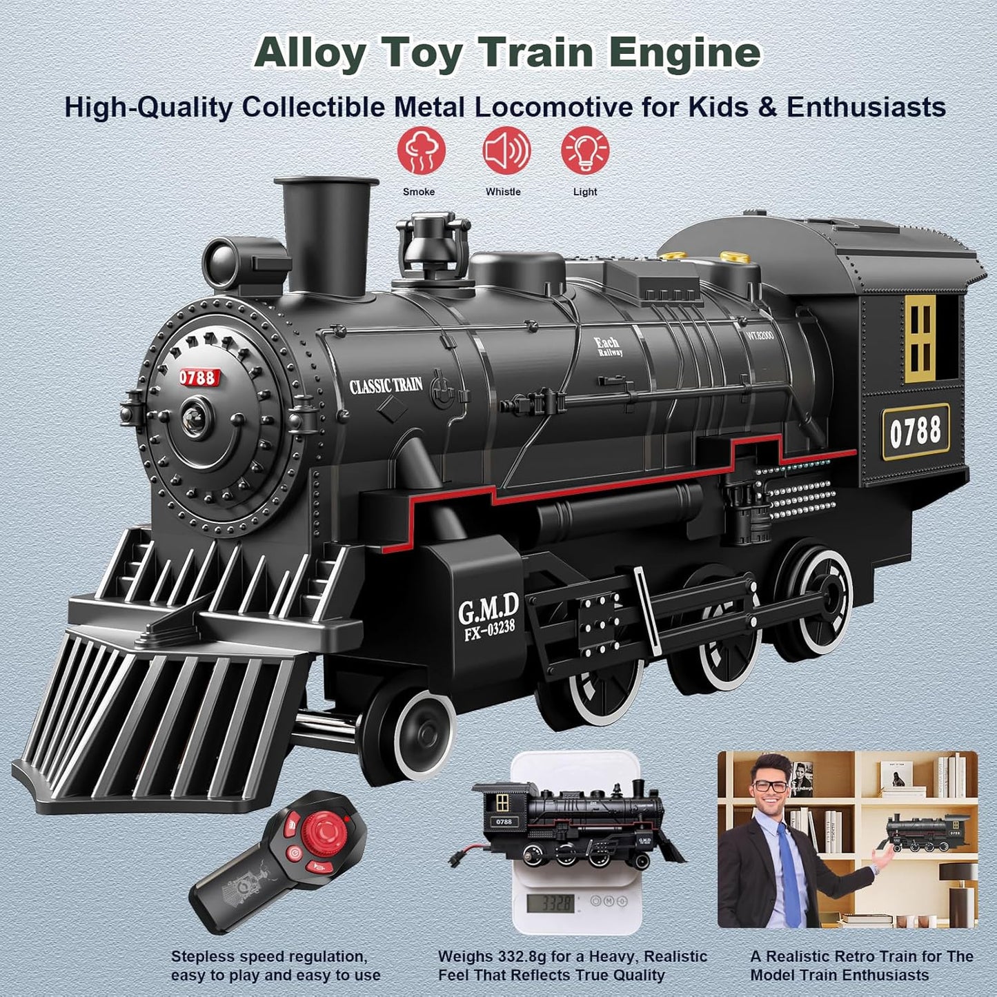 Electric Train Sets Remote Control for Kids Metal Alloy Christmas Train Toys Steam Locomotive, Glowing Passenger Carriages, Luxury Tracks, Light & Sounds Rechargeable Birthday Gifts for Boys Girls