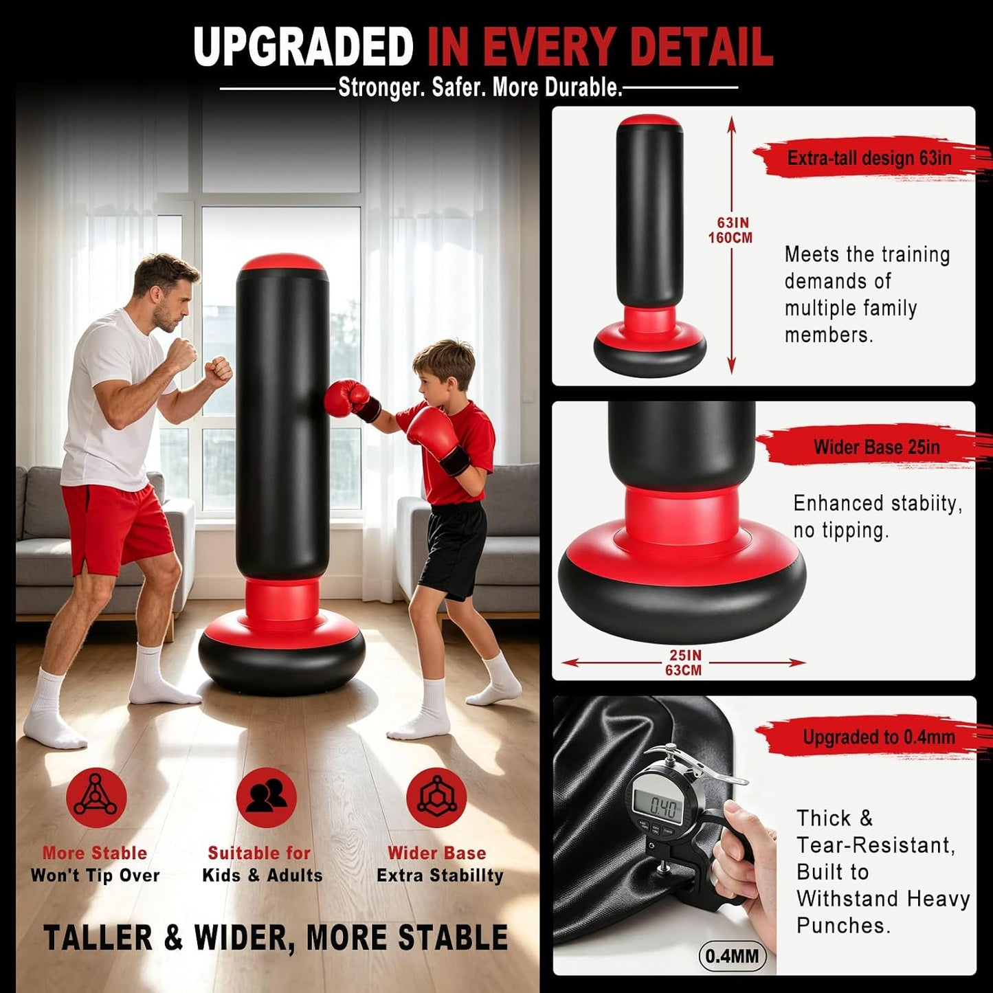 Punching Bag for Kids 63 Inch Stable Inflatable Boxing Bag with Fast Electric Pump Scoring Bluetooth Music LED Lights Gloves Freestanding Toys Birthday Gift for Boys Girls Ages 4-8-12
