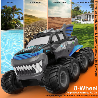 Amphibious Remote Control Car with 2 Rechargeable Batteries, 8WD RC Cars for Boys Age 8-12, Offroad Waterproof RC Monster Truck, 2.4GHz All Terrain RC Drift Cars Beach Pool Toys Gifts for Kids Blue