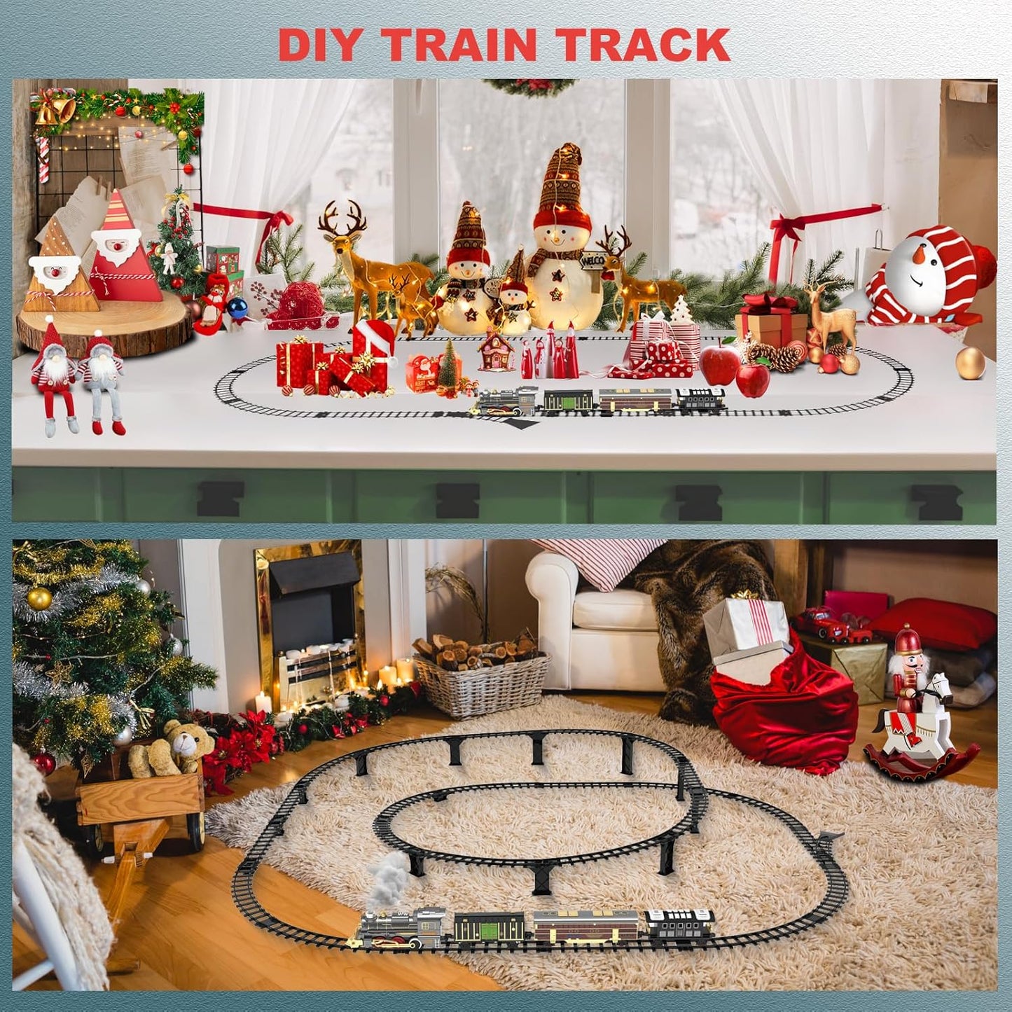 Electric Train Sets for Kids Christmas Train Toys Steam Locomotive Passenger Carriages Deluxe 2-Layer Track with Lights & Sounds(ON/Silent/Off) Rechargeable Birthday Gifts for Boys Girls