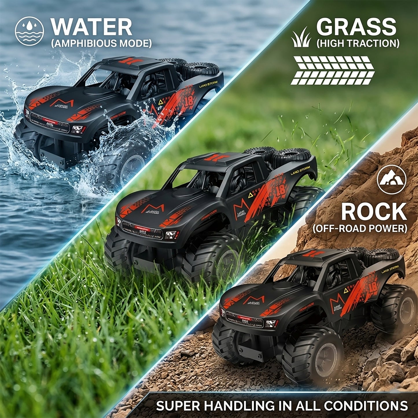 Amphibious Remote Control Car Monster Truck - 4WD Waterproof 1:16 Large All Terrain Off Road Vehicle with 2 Rechargeable Batteries RC Drift Cars Beach Pool Toys Gifts for Boys Kids 8-12