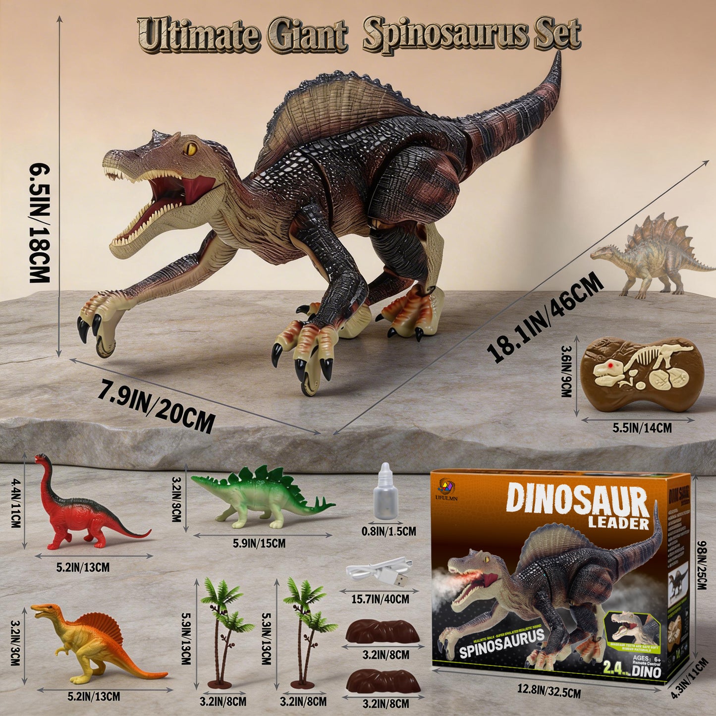 Remote Control Dinosaur Toys for Boys Electronic RC Spray Raptor Toy Walking Roaring Jurassic Spinosaurus Realistic 18.1" Dino Rechargeable Birthday Gift for Kids
